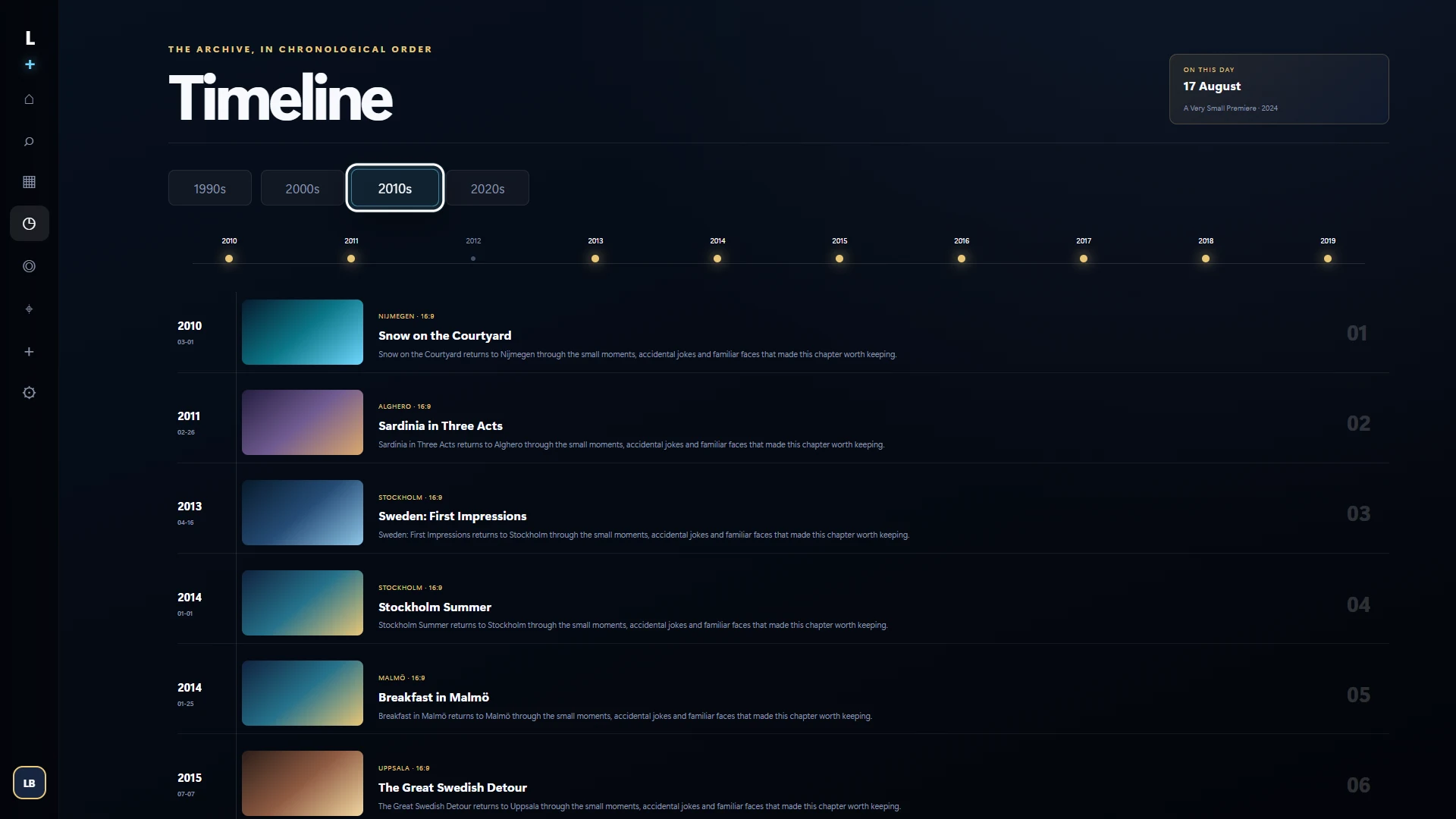 Lelibrambas+ timeline screen arranging fictional family films by decade and recording year