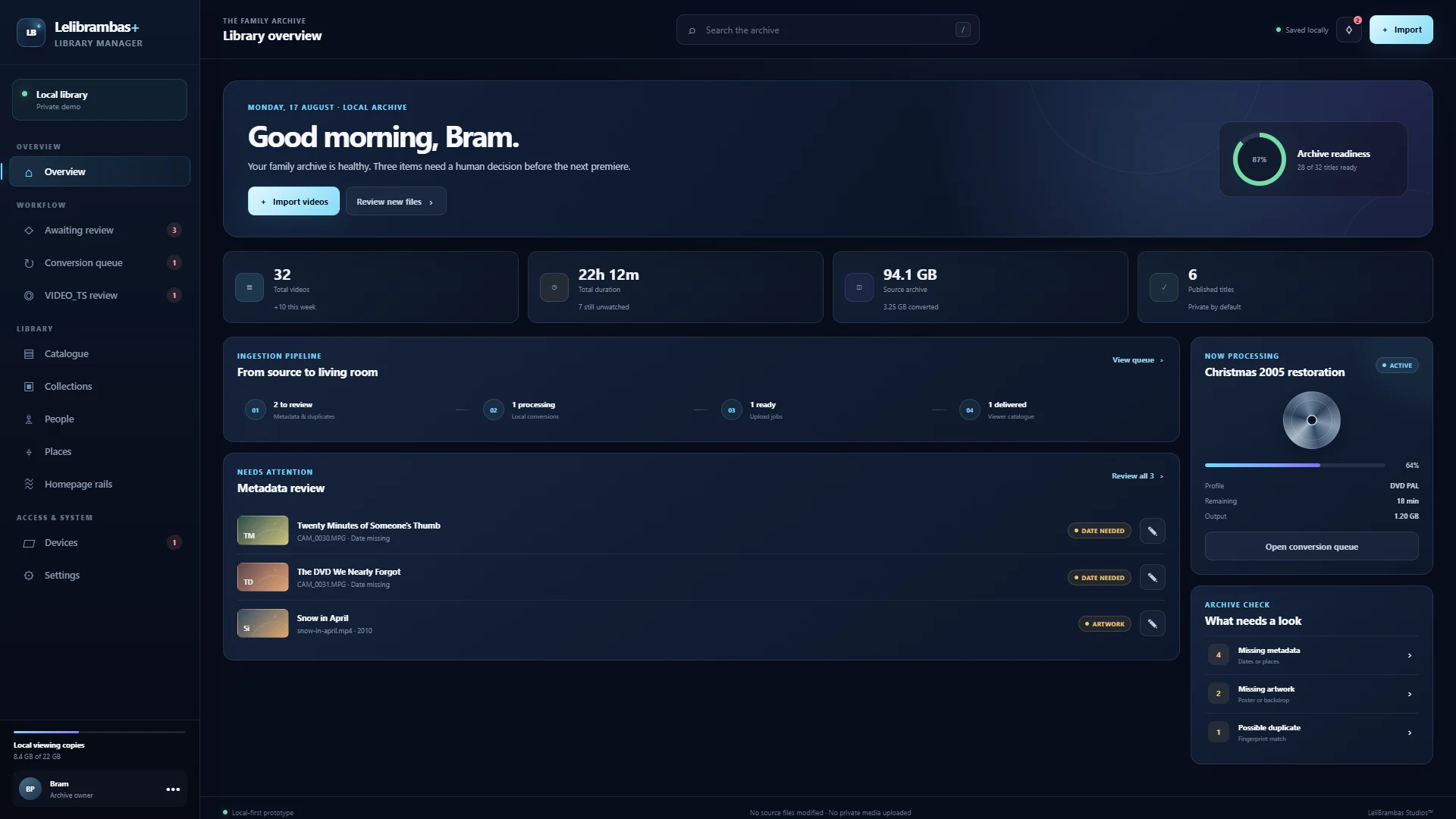 Lelibrambas+ Library Manager dashboard showing catalogue health, conversion jobs and archive review tasks